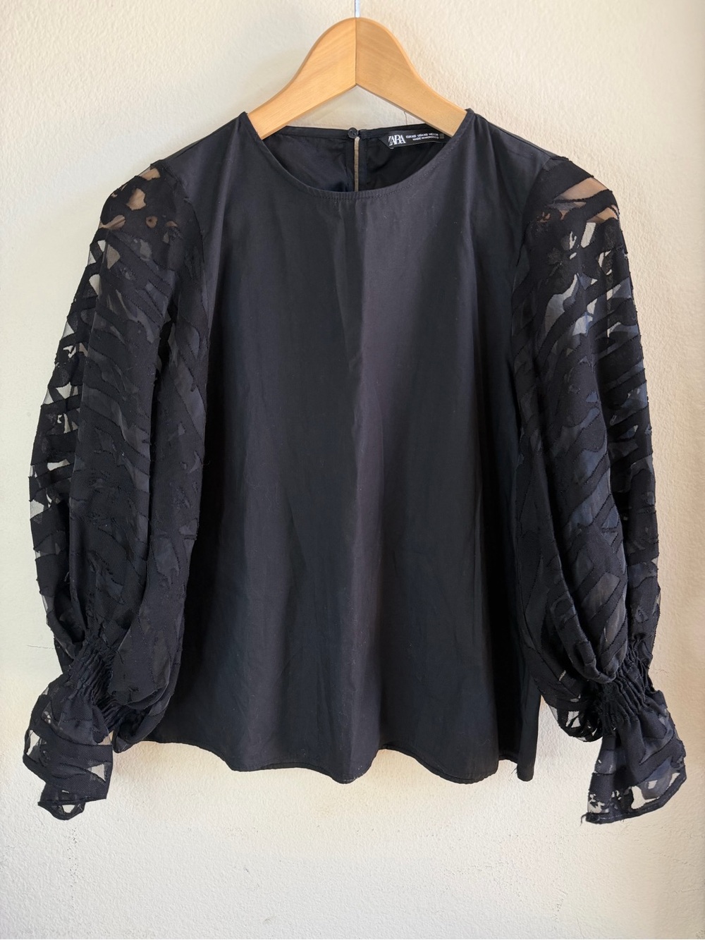 ZARA Black Sheer Puff-Sleeve Blouse